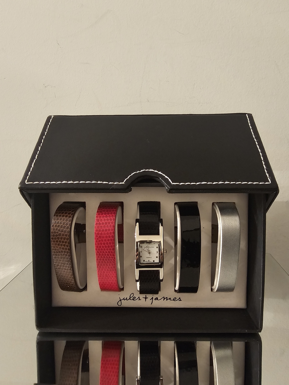 Jules & James Interchangeable Strap Watch Set in Black, Red, Brown, Silver